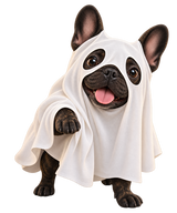 Illustrated Chico mascot wearing a playful ghost costume
