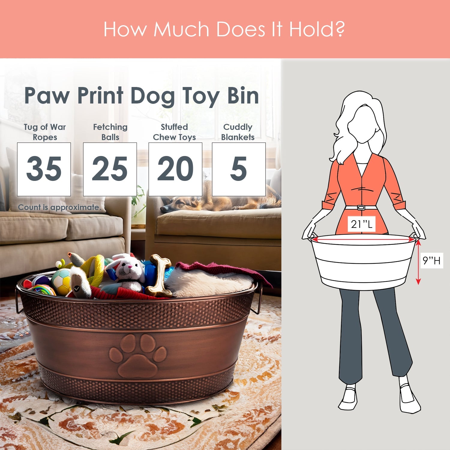 Dog Toy Bin Indestructible - Embossed Paw Print - Copper Large | BREKX