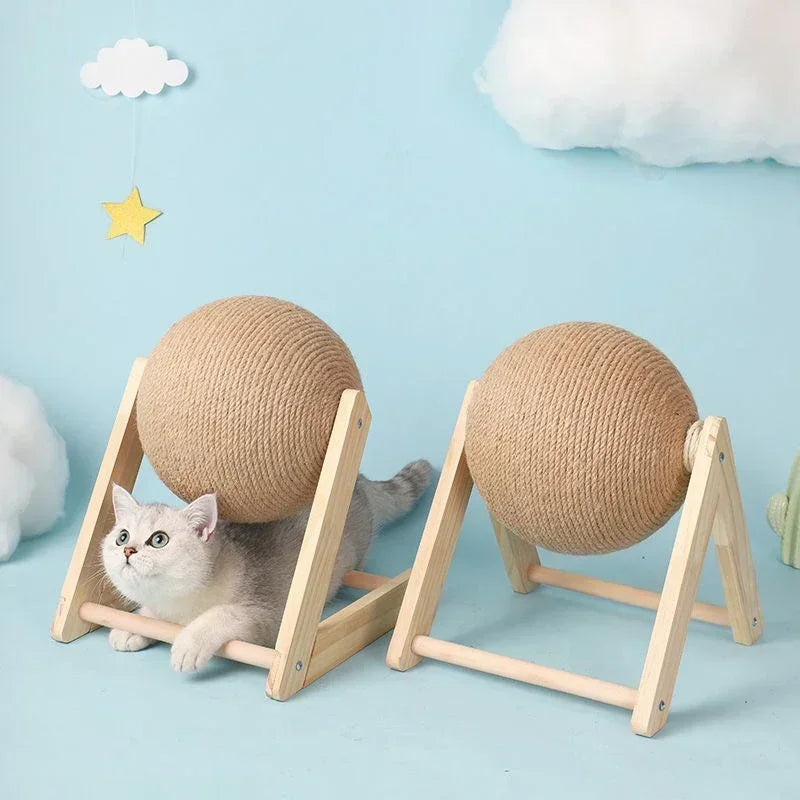 Solid Wood Natural Sisal Scratcher Cat Ball ToyThis solid wood cat toy features natural sisal scratchers, perfect for keeping your feline friend's claws healthy and sharp. The attached ball provides an extra elemSolid Wood Natural Sisal Scratcher Cat Ball Toy