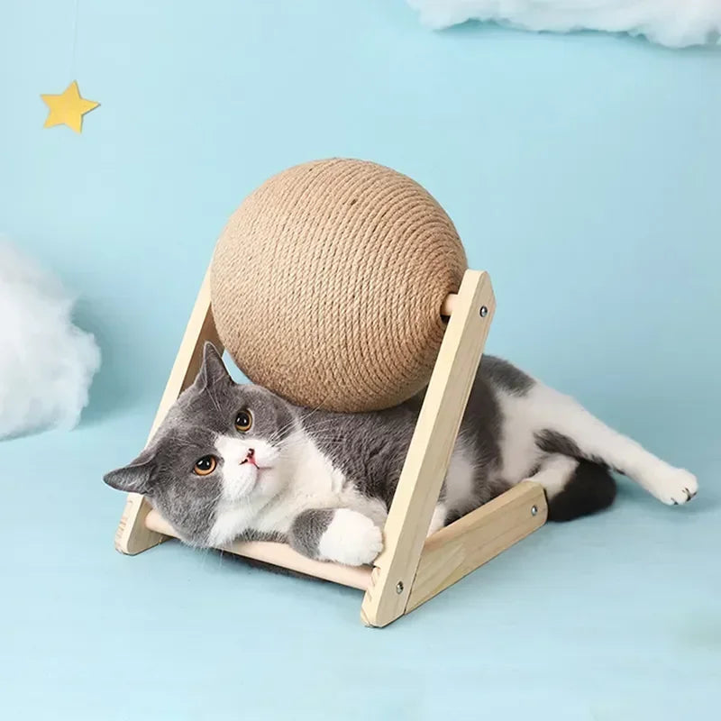 Solid Wood Natural Sisal Scratcher Cat Ball ToyThis solid wood cat toy features natural sisal scratchers, perfect for keeping your feline friend's claws healthy and sharp. The attached ball provides an extra elemSolid Wood Natural Sisal Scratcher Cat Ball Toy