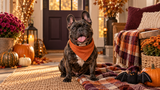Happy black brindle French bulldog in a cozy autumn setting with pumpkins and a soft orange bandana