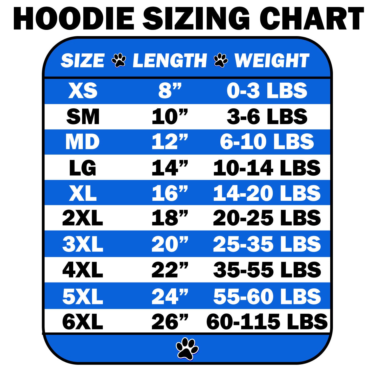 Pet hoodie size chart from XS to 6XL with length and weight guidance