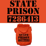 Orange State Prison inmate pet hoodie with black printed number 7286413