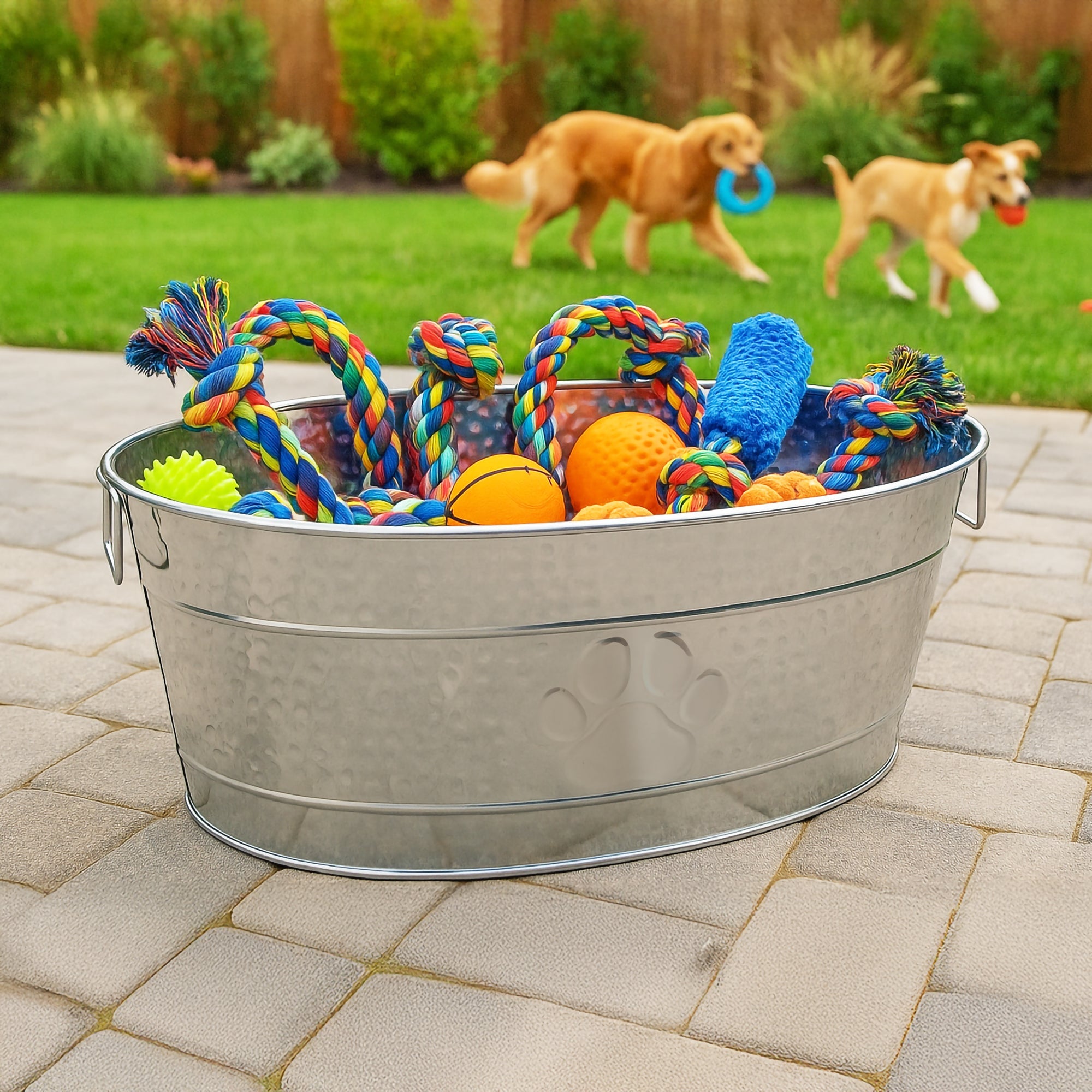 Dog Toy Bin Indestructible - Metallic "Dog Toys" Bone - Stainless Steel Large | BREKX