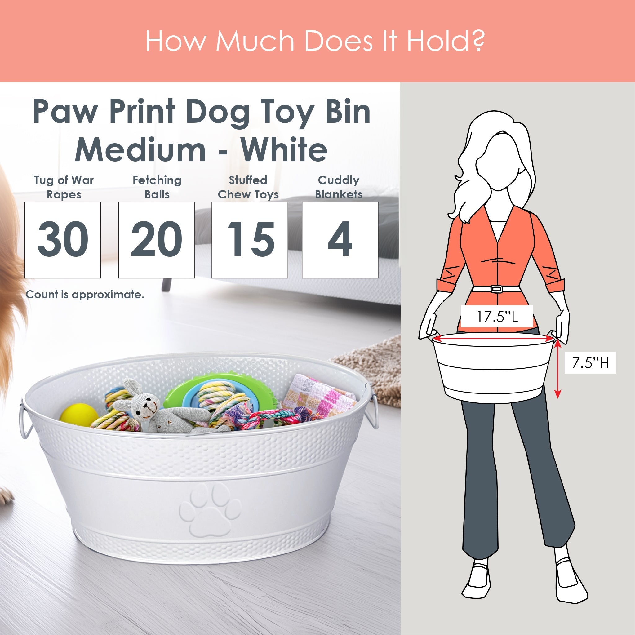 Dog Toy Bin Indestructible - Embossed Paw Print - White Medium | BREKX