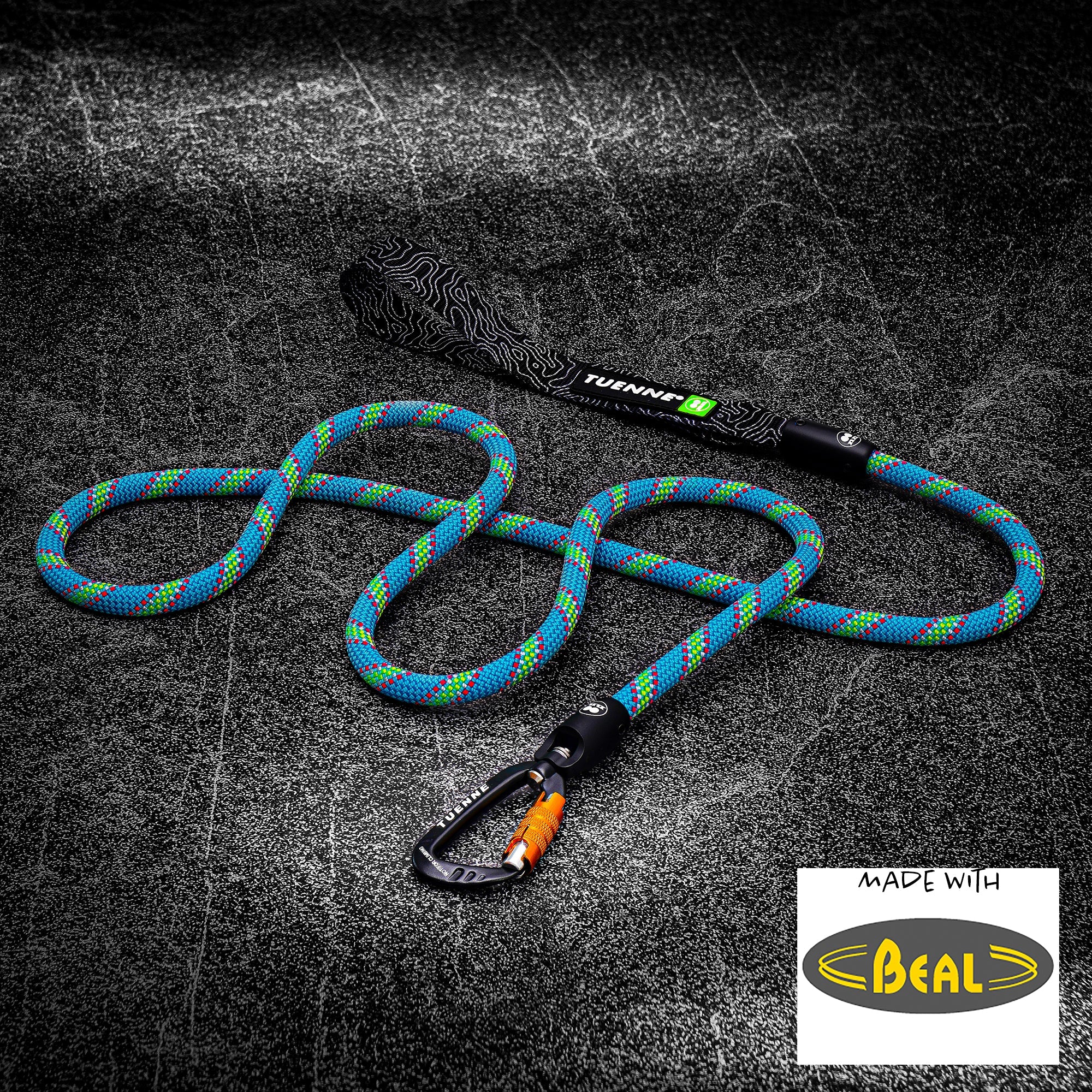 Rope Dog Leash with Auto-Locking Carabiner – 9.5mm Beal Dynamic | Blue-Green Stripe | Tuenne